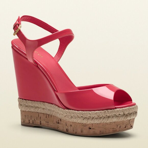 GUCCI SHOES HOLLIE PATENT LEATHER PLATFORM WEDGE ESPADRILLE SANDAL PINK 38.5 8.5 - Picture 1 of 12